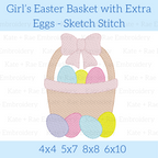 Girl's Easter Basket with Extra Eggs Sketch Stitch Embroidery Design: Design preview of an Easter basket with a pink bow and pastel eggs inside and in front, available in 4x4, 5x7, 8x8, and 6x10