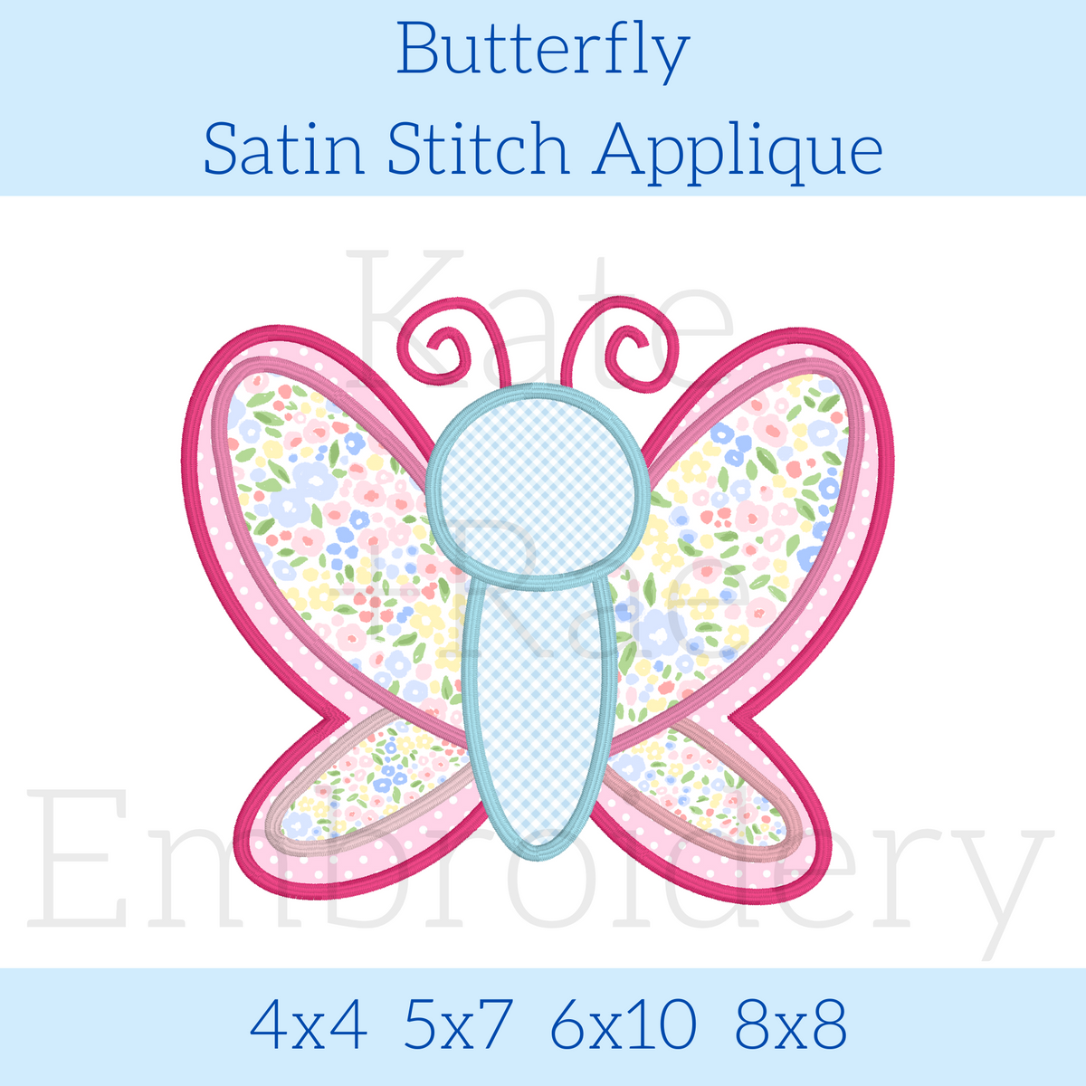 Butterfly Satin Stitch Applique Embroidery Design: Design preview of a satin stitch applique butterfly with floral wings and a pink outline, available in 4x4, 5x7, 6x10, and 8x8