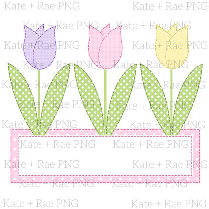 Girl's Spring Tulip Garden Faux Applique with Name Plate PNG