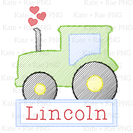 Tractor Sketch V-Day Faux Embroidery PNG