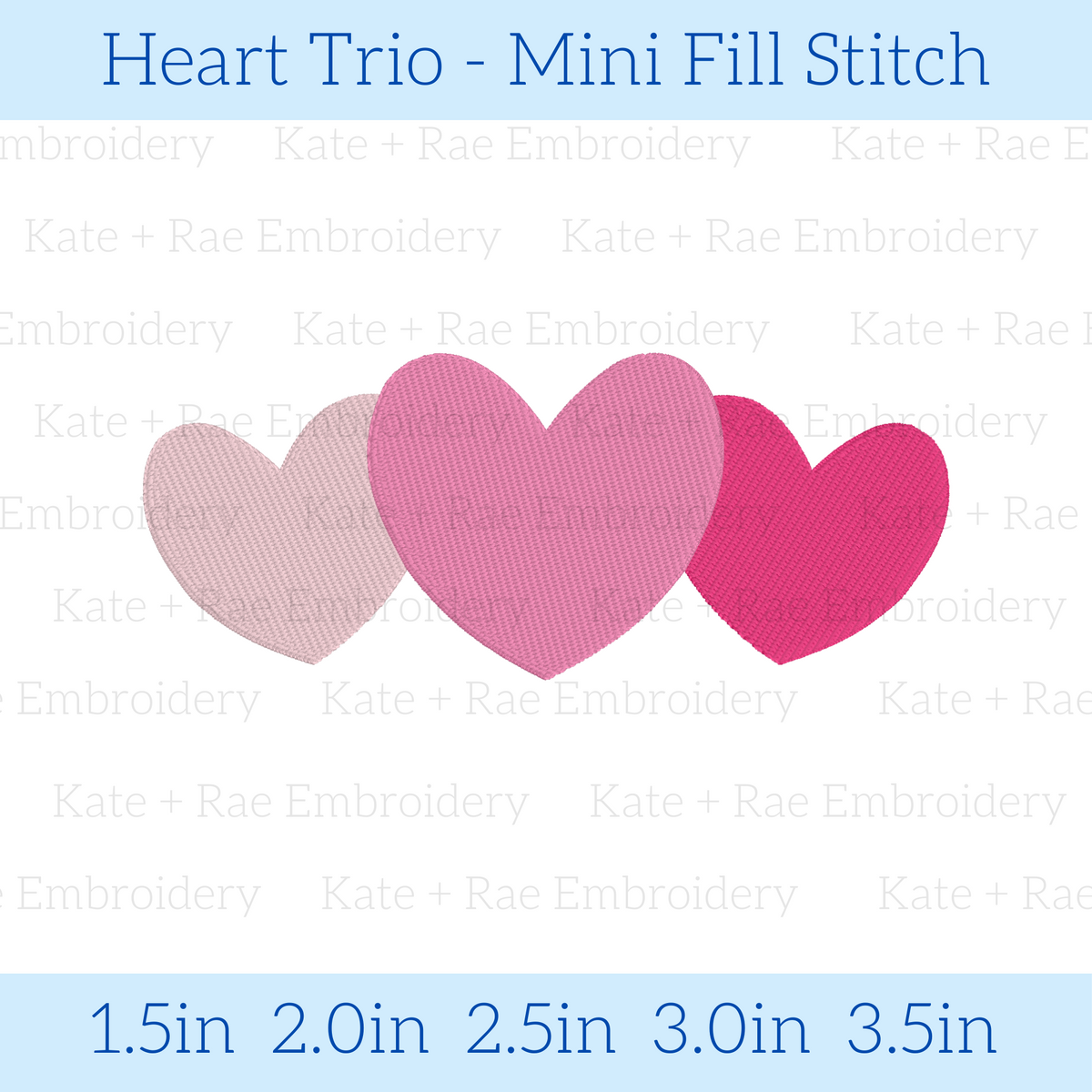Heart Trio Mini Fill Embroidery Design: Design preview of three pink fill stitch hearts in a row, available in 1.5 to 3.5 inch sizes