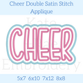 Cheer Double Satin Stitch Applique Embroidery Design: Design preview of the word CHEER in pink letters with a light blue double outline, available in 5x7, 6x10, 7x12, and 8x8