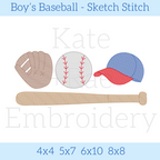Boy's Baseball Sketch Stitch Embroidery Design: Design preview of a sketch stitch glove, baseball, blue cap, and bat, available in 4x4, 5x7, 6x10, and 8x8