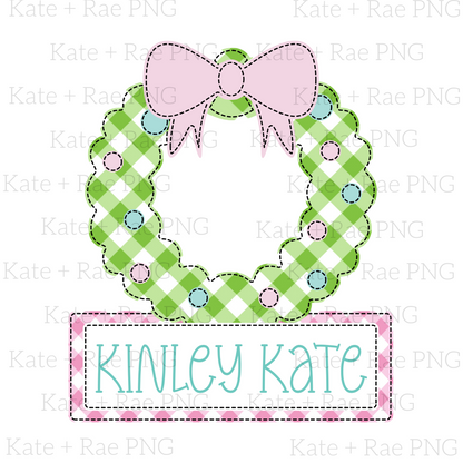 Girly Christmas Wreath Faux Applique with Name Plate PNG