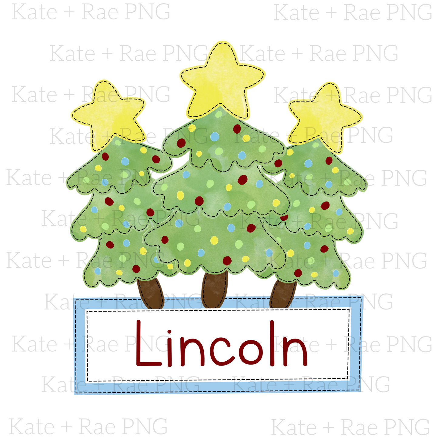 Christmas Tree Trio with Lights and Blue Name Plate