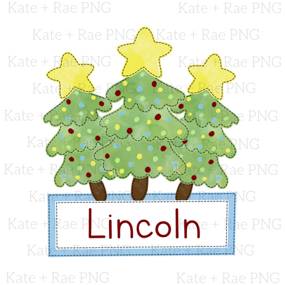 Christmas Tree Trio with Lights and Blue Name Plate