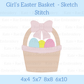 Girl's Simple Easter Basket Sketch Stitch Embroidery Design: Design preview of a tan Easter basket with a pink bow holding pastel eggs, available in 4x4, 5x7, 8x8, and 6x10