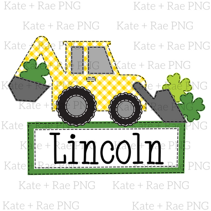 Boys Shamrock Backhoe Faux Applique PNG with Name Plate