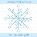 Decorative Snowflake Embroidery Design: Design preview of a blue decorative snowflake outline, available in 4x4, 5x7, 8x8, and 6x10