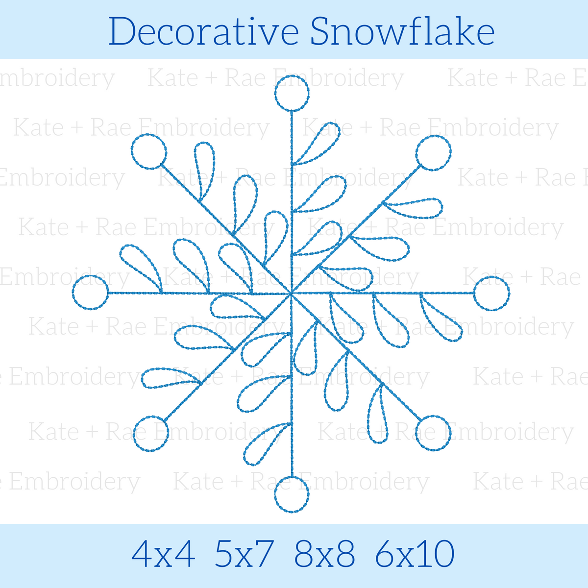 Decorative Snowflake Embroidery Design: Design preview of a blue decorative snowflake outline, available in 4x4, 5x7, 8x8, and 6x10