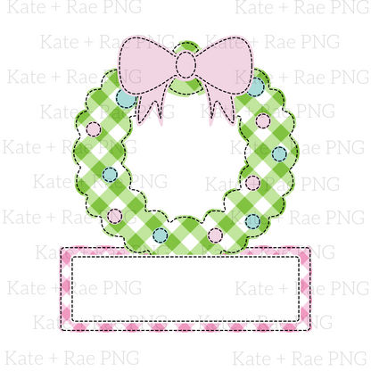 Girly Christmas Wreath Faux Applique with Name Plate PNG