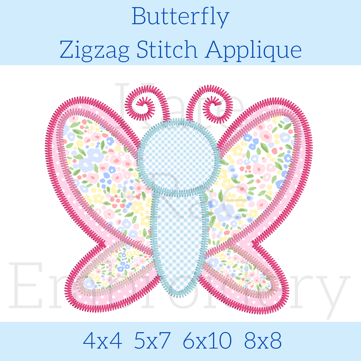 Butterfly Zigzag Stitch Applique Embroidery Design: Design preview of a zigzag stitch applique butterfly with floral wings and a pink outline, available in 4x4, 5x7, 6x10, and 8x8