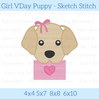 Girls Valentine's Day Puppy Sketch Stitch Embroidery Design: Design preview of a sketch stitch puppy with a pink bow holding a pink envelope, available in 4x4, 5x7, 8x8, and 6x10