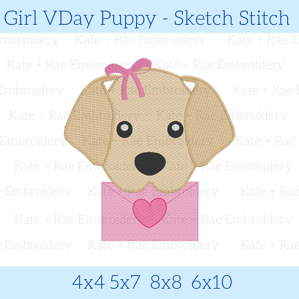 Girls Valentine's Day Puppy Sketch Stitch Embroidery Design: Design preview of a sketch stitch puppy with a pink bow holding a pink envelope, available in 4x4, 5x7, 8x8, and 6x10