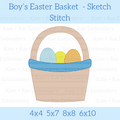 Boy's Simple Easter Basket Sketch Stitch Embroidery Design: Design preview of a tan Easter basket with a blue band holding pastel eggs, available in 4x4, 5x7, 8x8, and 6x10