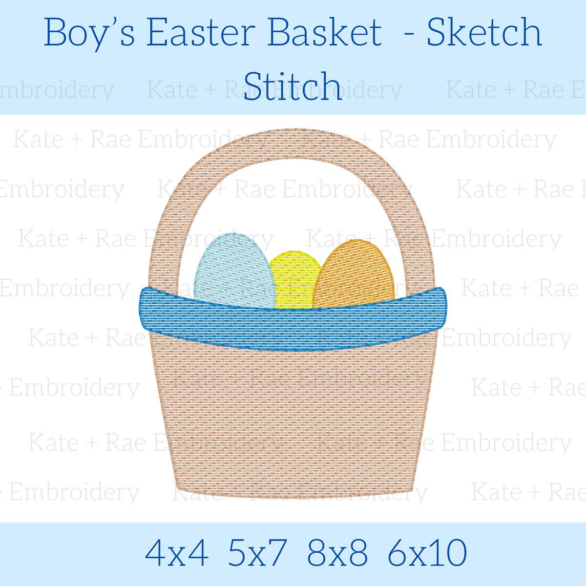 Boy's Simple Easter Basket Sketch Stitch Embroidery Design: Design preview of a tan Easter basket with a blue band holding pastel eggs, available in 4x4, 5x7, 8x8, and 6x10