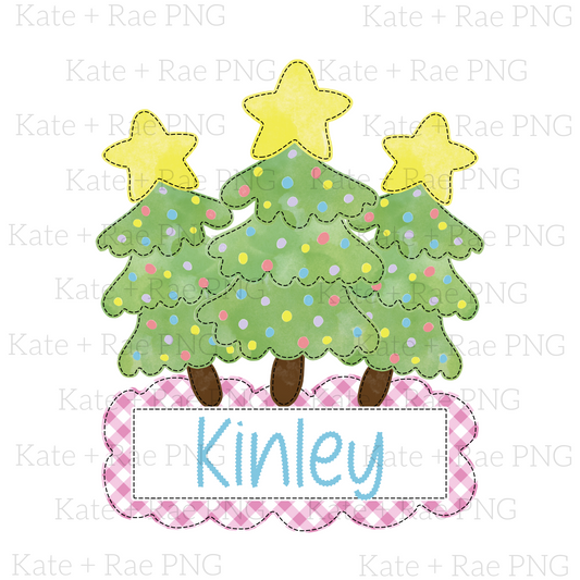 Christmas Tree Trio with Pink Gingham Name Plate