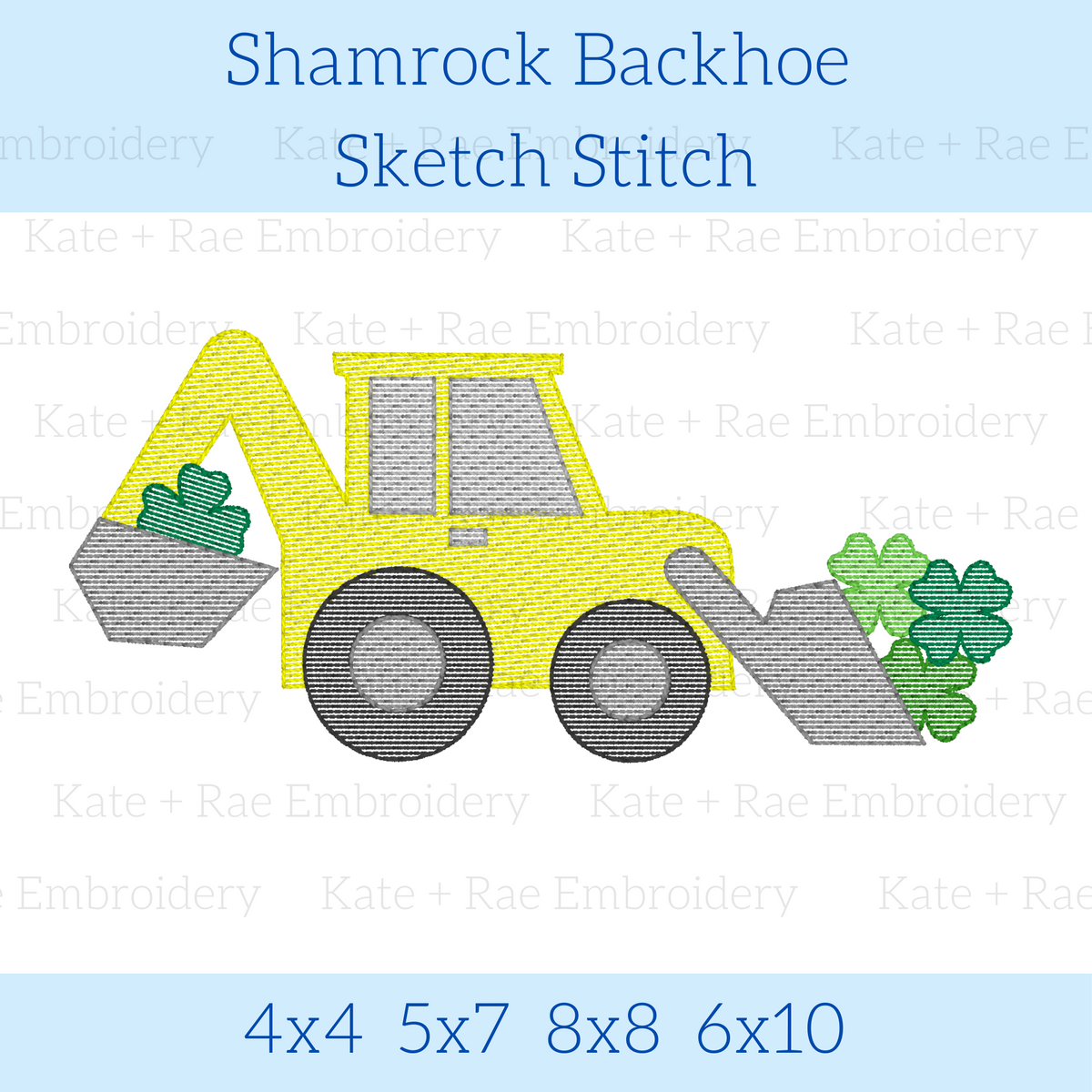 Shamrock Backhoe Sketch Stitch Embroidery Design: Design preview of a yellow sketch stitch backhoe carrying green shamrocks, available in 4x4, 5x7, 8x8, and 6x10