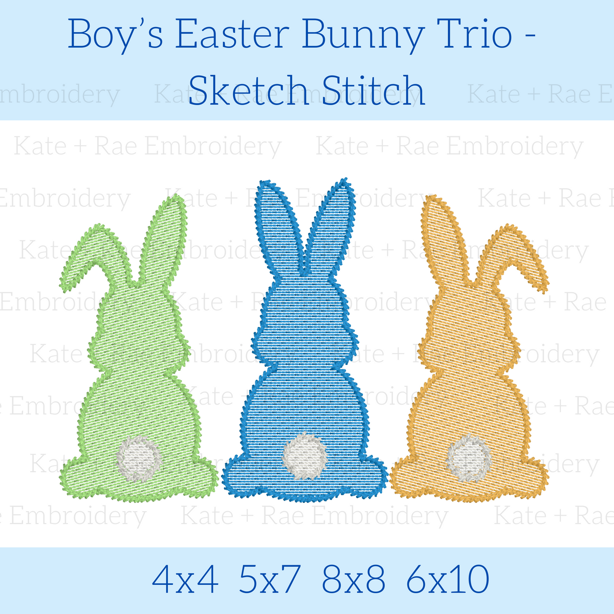 Boy's Easter Bunny Trio Sketch Stitch Embroidery Design: Design preview of green, blue, and tan sketch stitch bunnies with cotton tails, available in 4x4, 5x7, 8x8, and 6x10