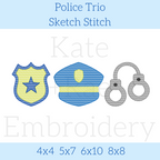 Police Trio Sketch Stitch Embroidery Design: Design preview of a sketch stitch yellow police badge, blue hat, and gray handcuffs, available in 4x4, 5x7, 6x10, and 8x8