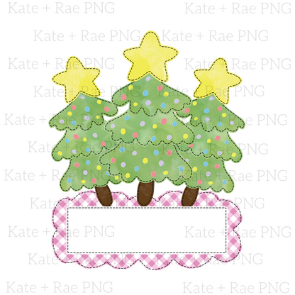 Christmas Tree Trio with Pink Gingham Name Plate
