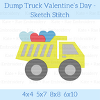 Dump Truck Valentine's Day Sketch Stitch Embroidery Design: Design preview of a yellow sketch stitch dump truck carrying red and blue hearts, available in 4x4, 5x7, 8x8, and 6x10