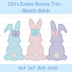Girl's Easter Bunny Trio Sketch Stitch Embroidery Design: Design preview of mint, pink, and purple sketch stitch bunnies with bows, available in 4x4, 5x7, 8x8, and 6x10