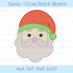 Santa Cross Stitch Sketch Embroidery Design: Design preview of a cross stitch Santa face with a red hat and green trim, available in 4x4, 5x7, 8x8, and 6x10