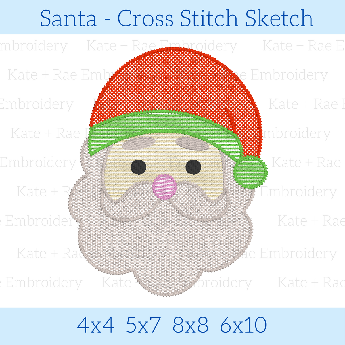 Santa Cross Stitch Sketch Embroidery Design: Design preview of a cross stitch Santa face with a red hat and green trim, available in 4x4, 5x7, 8x8, and 6x10