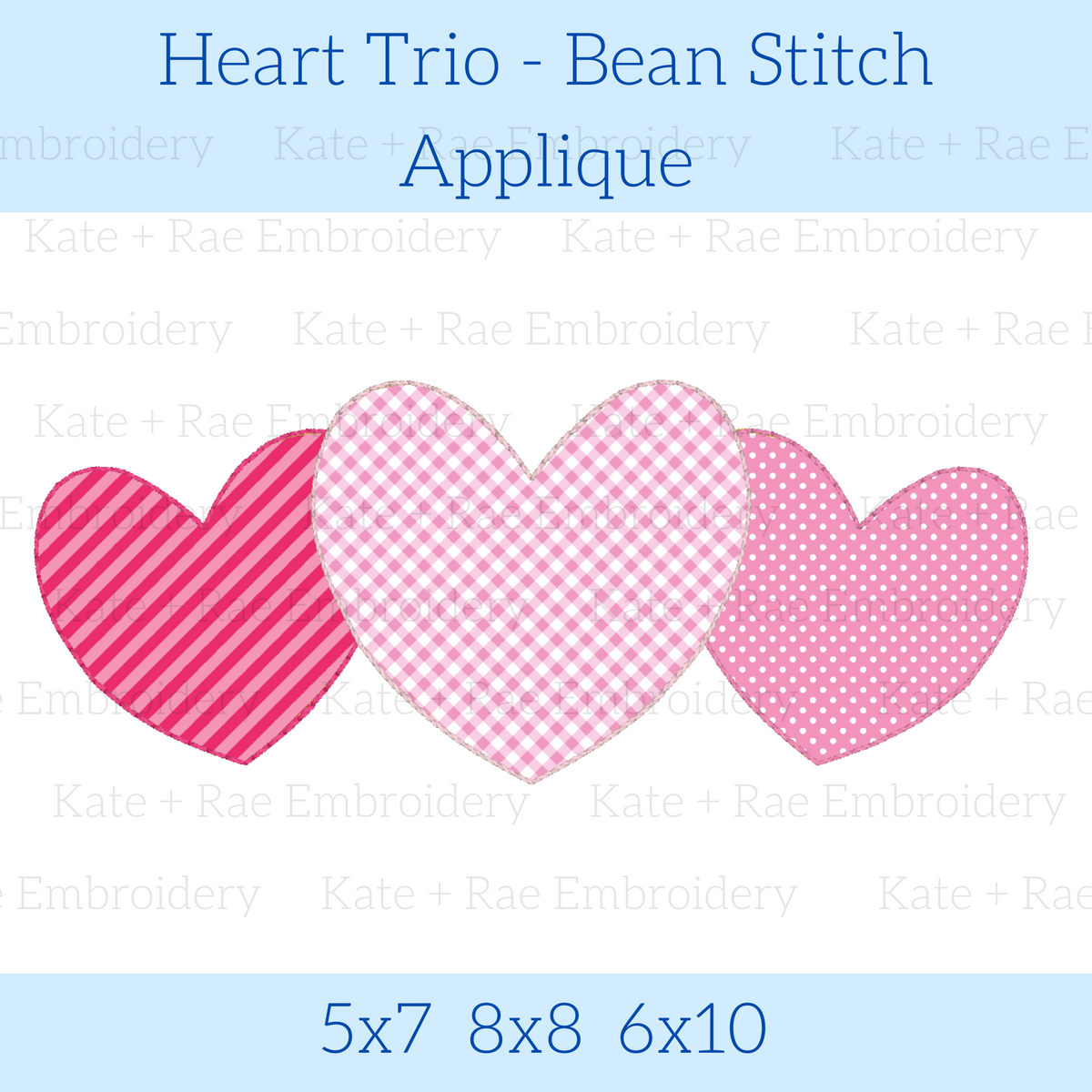 Heart Trio Bean Stitch Applique Embroidery Design: Design preview of three pink striped and gingham heart appliques, available in 5x7, 8x8, and 6x10