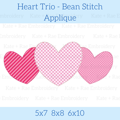 Heart Trio Bean Stitch Applique Embroidery Design