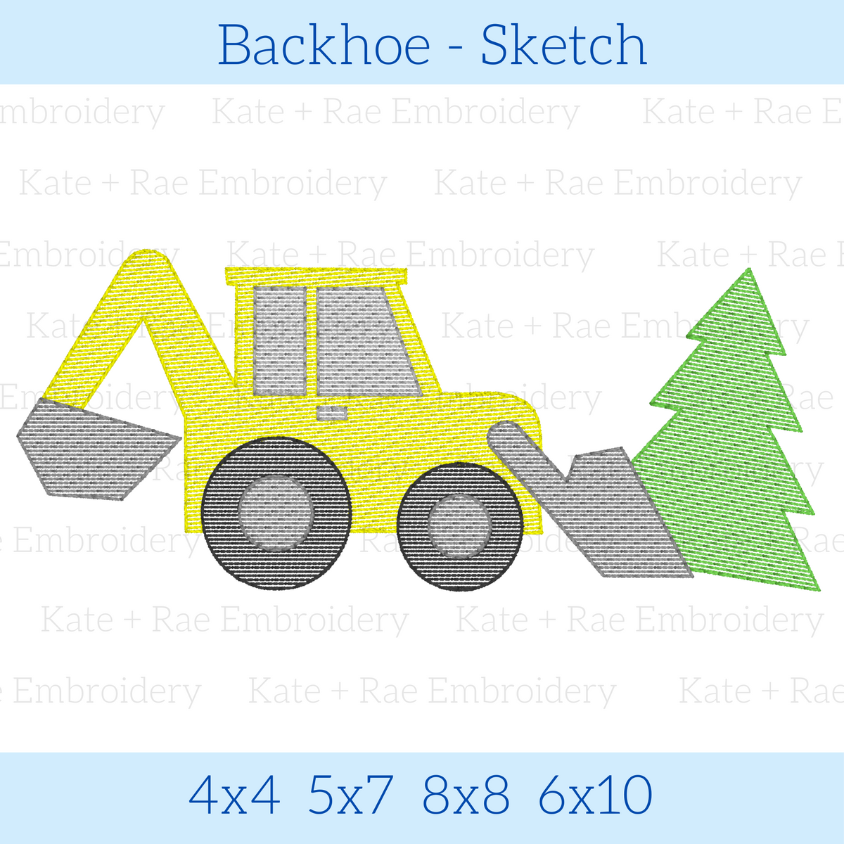 Backhoe Christmas Sketch Stitch Embroidery Design: Design preview of a sketch stitch backhoe with a green Christmas tree, available in 4x4, 5x7, 8x8, and 6x10