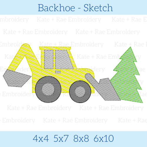 Backhoe Christmas Sketch Stitch Embroidery Design: Design preview of a sketch stitch backhoe with a green Christmas tree, available in 4x4, 5x7, 8x8, and 6x10