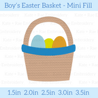 Boy's Simple Easter Basket Mini Fill Embroidery Design: Design preview of a small Easter basket with a blue band and pastel eggs, available in 1.5 to 3.5 inch sizes