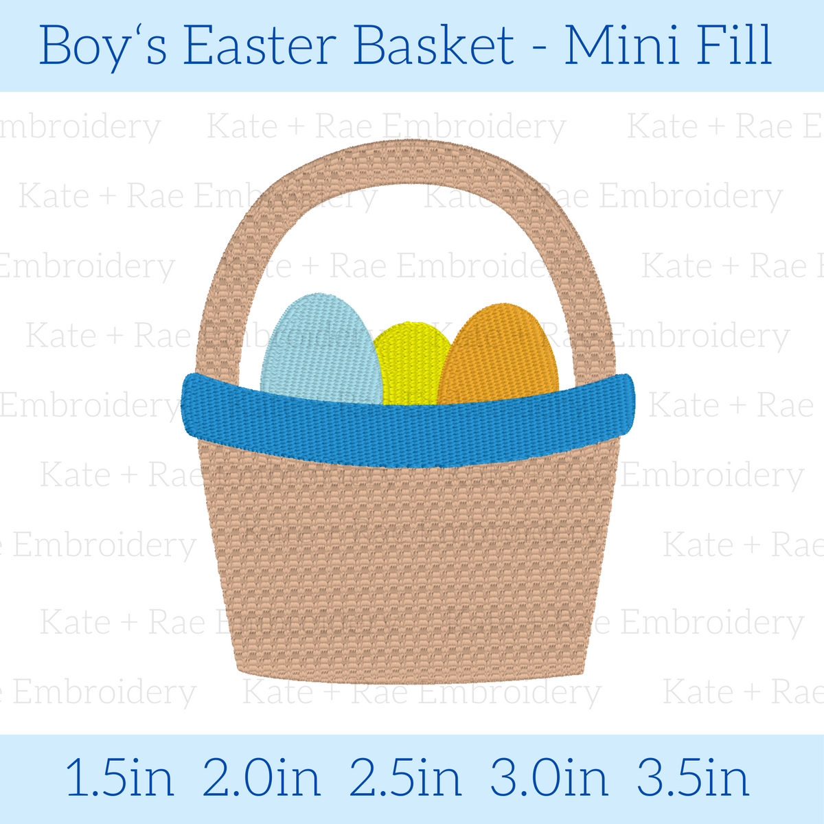 Boy's Simple Easter Basket Mini Fill Embroidery Design: Design preview of a small Easter basket with a blue band and pastel eggs, available in 1.5 to 3.5 inch sizes
