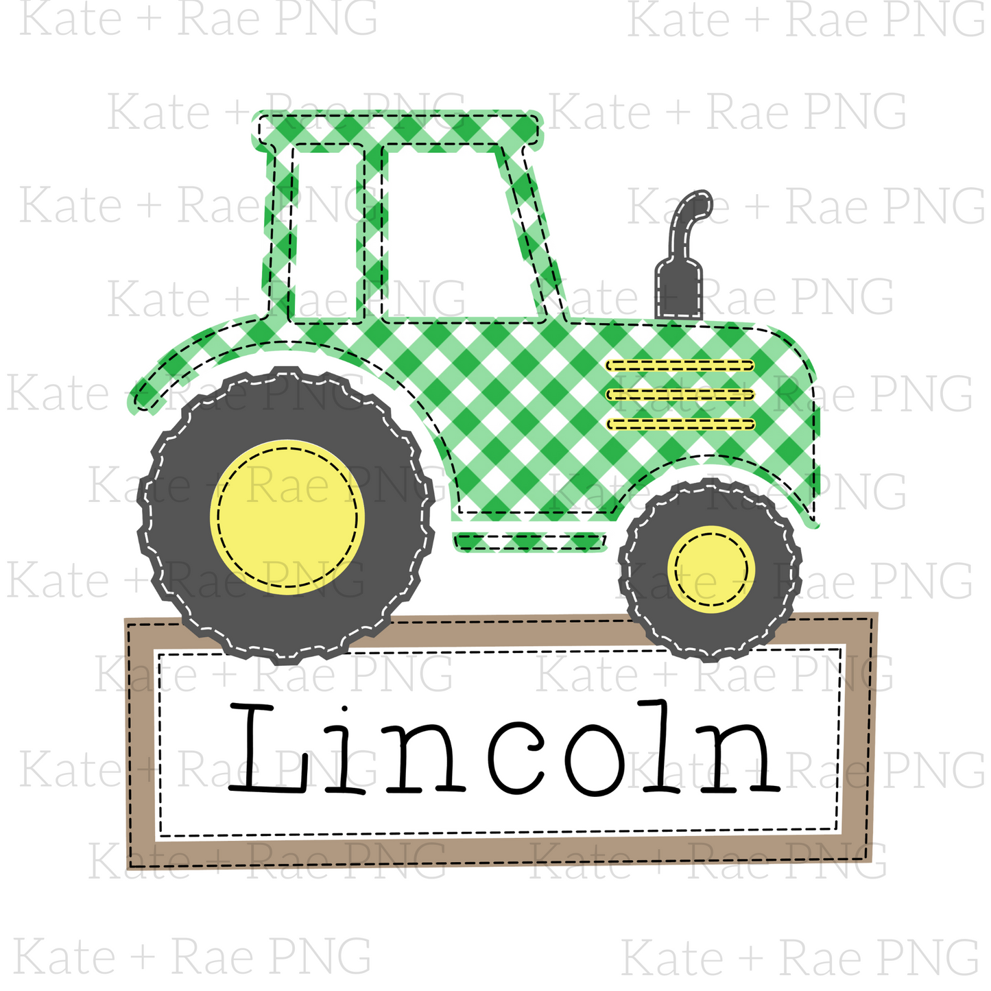Green Gingham Tractor Faux Applique PNG (Name Plate)