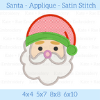 Santa Satin Stitch Applique Embroidery Design: Design preview of a satin stitch applique Santa face with a pink gingham hat, available in 4x4, 5x7, 8x8, and 6x10