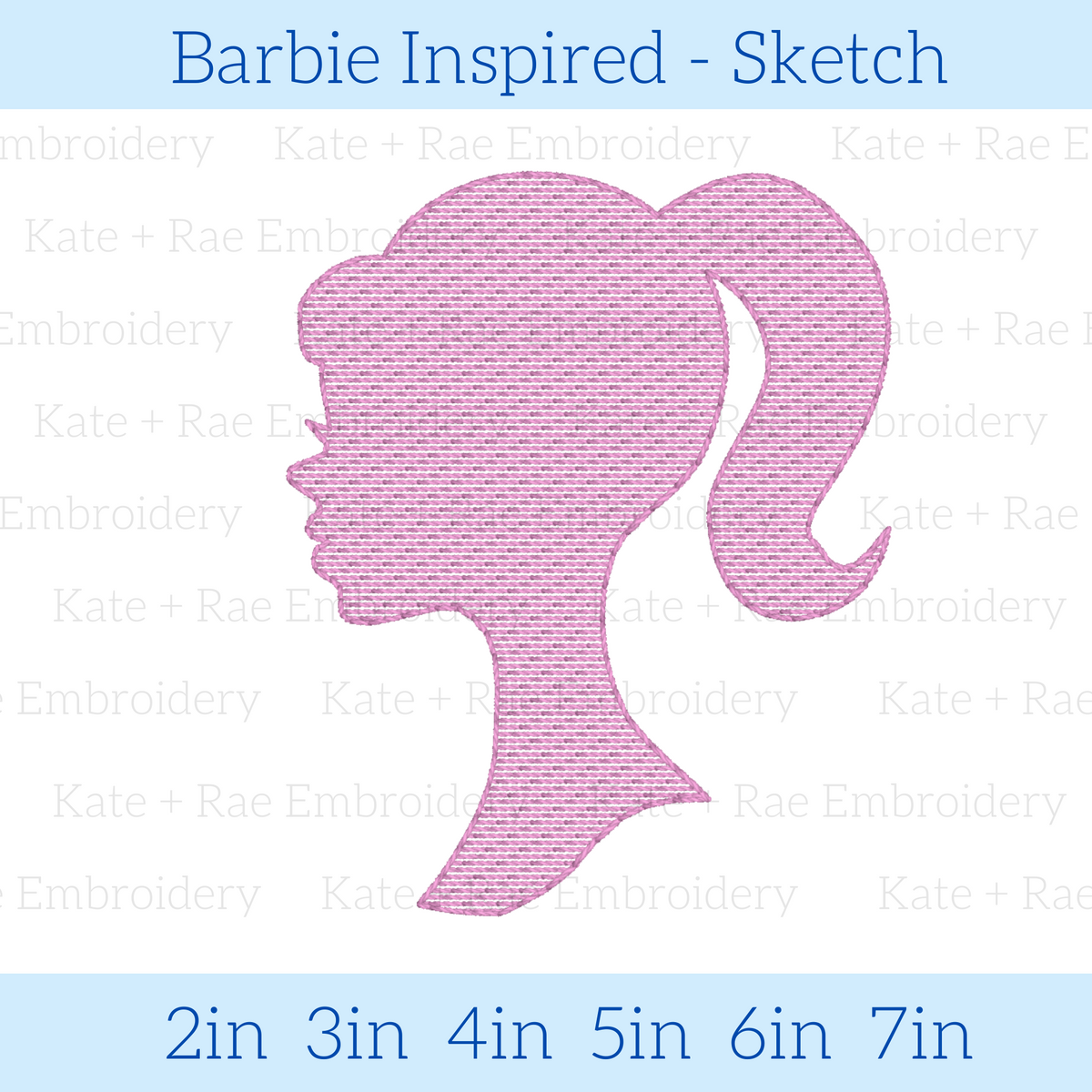 Barbie Inspired Head Sketch Stitch Embroidery Design: Design preview of a pink sketch stitch silhouette of a girl with a high ponytail, available in 2 to 7 inch sizes