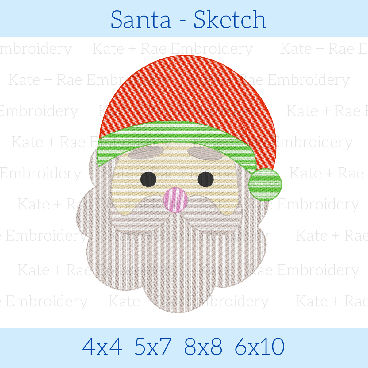 Santa Sketch Stitch Embroidery Design: Design preview of a Santa face with a red hat, green trim, and sketch stitch beard, available in 4x4, 5x7, 8x8, and 6x10