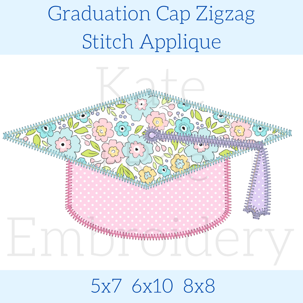Graduation Cap Zigzag Stitch Applique Embroidery Design: Design preview of a graduation cap with a floral top and pink polka dot band, available in 5x7, 6x10, and 8x8