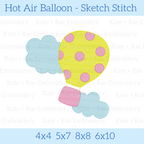 Hot Air Balloon Sketch Stitch Embroidery Design: Design preview of a yellow polka dot hot air balloon with blue clouds, available in 4x4, 5x7, 8x8, and 6x10