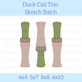 Duck Call Sketch Stitch Embroidery Design: Design preview of three sketch stitch duck calls in green and tan, available in 4x4, 5x7, 8x8, and 6x10