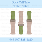 Duck Call Sketch Stitch Embroidery Design: Design preview of three sketch stitch duck calls in green and tan, available in 4x4, 5x7, 8x8, and 6x10