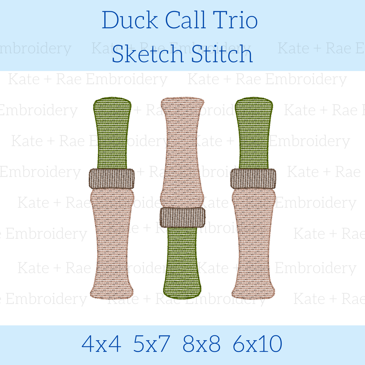 Duck Call Sketch Stitch Embroidery Design: Design preview of three sketch stitch duck calls in green and tan, available in 4x4, 5x7, 8x8, and 6x10