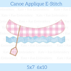 Canoe E-Stitch Applique Embroidery Design: Design preview of a pink gingham canoe and paddle over blue waves, available in 5x7 and 6x10