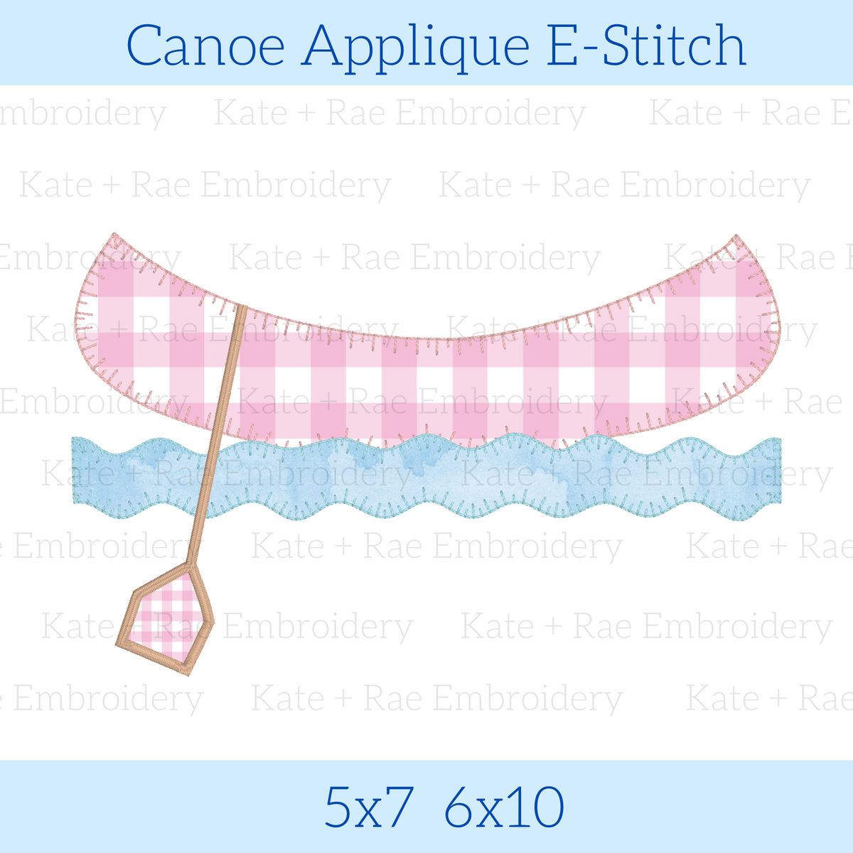 Canoe E-Stitch Applique Embroidery Design: Design preview of a pink gingham canoe and paddle over blue waves, available in 5x7 and 6x10