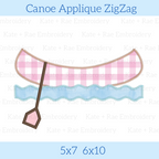 Canoe Zigzag Applique Embroidery Design: Design preview of a pink gingham canoe and paddle over blue waves, available in 5x7 and 6x10
