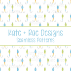 Boy's Fishing Lure Watercolor Seamless Pattern: Seamless pattern of blue and green watercolor fishing lures on a white background