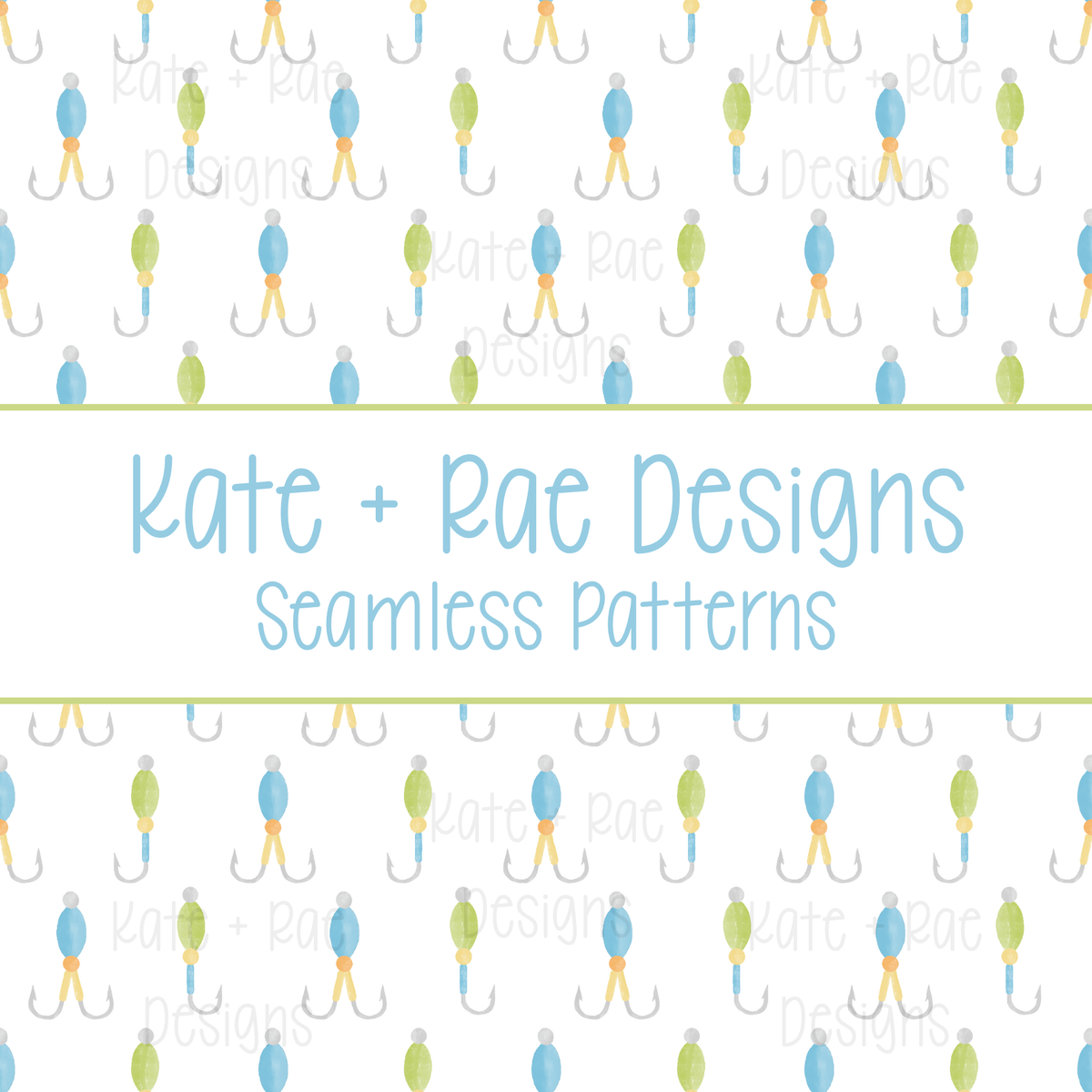 Boy's Fishing Lure Watercolor Seamless Pattern: Seamless pattern of blue and green watercolor fishing lures on a white background