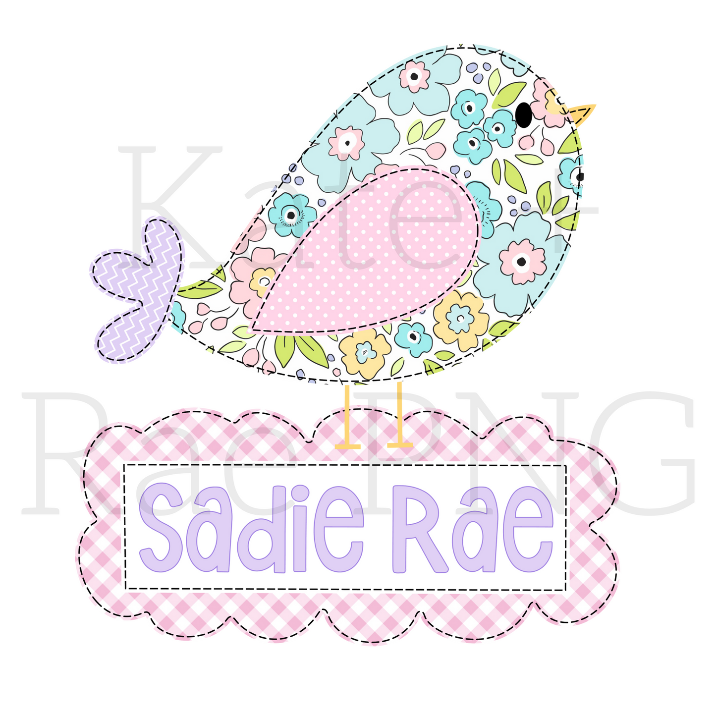 Spring Doodle Bird Faux Applique PNG with Name Plate